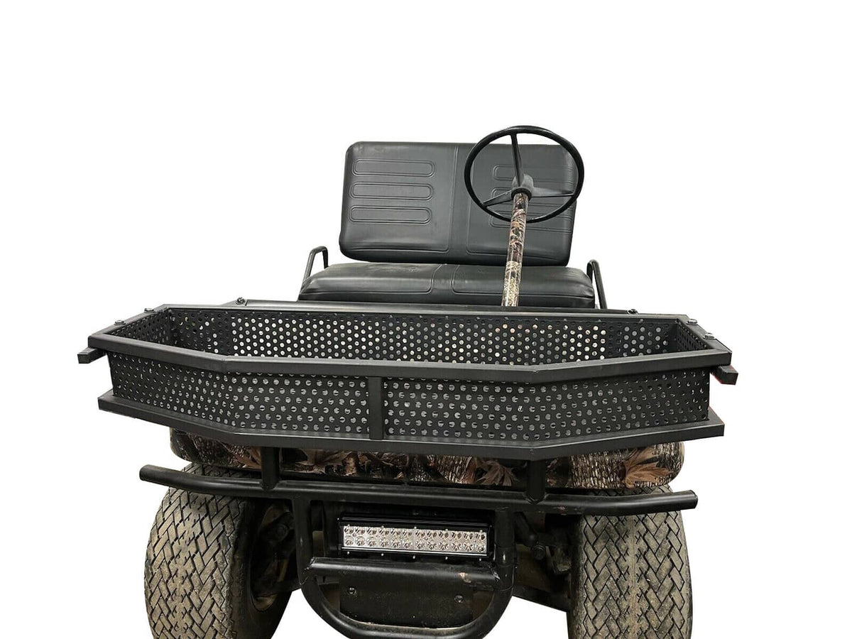 Black perforated steel storage basket installed on golf cart front, open tray design