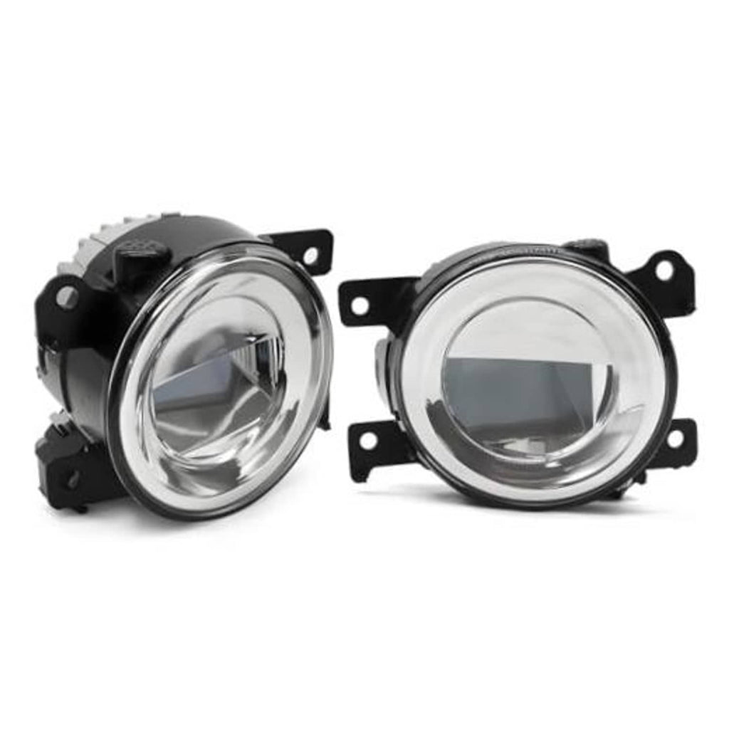 Pair of round chrome fog lights with black mounting brackets and bezels