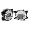Pair of round chrome fog lights with black mounting brackets and bezels