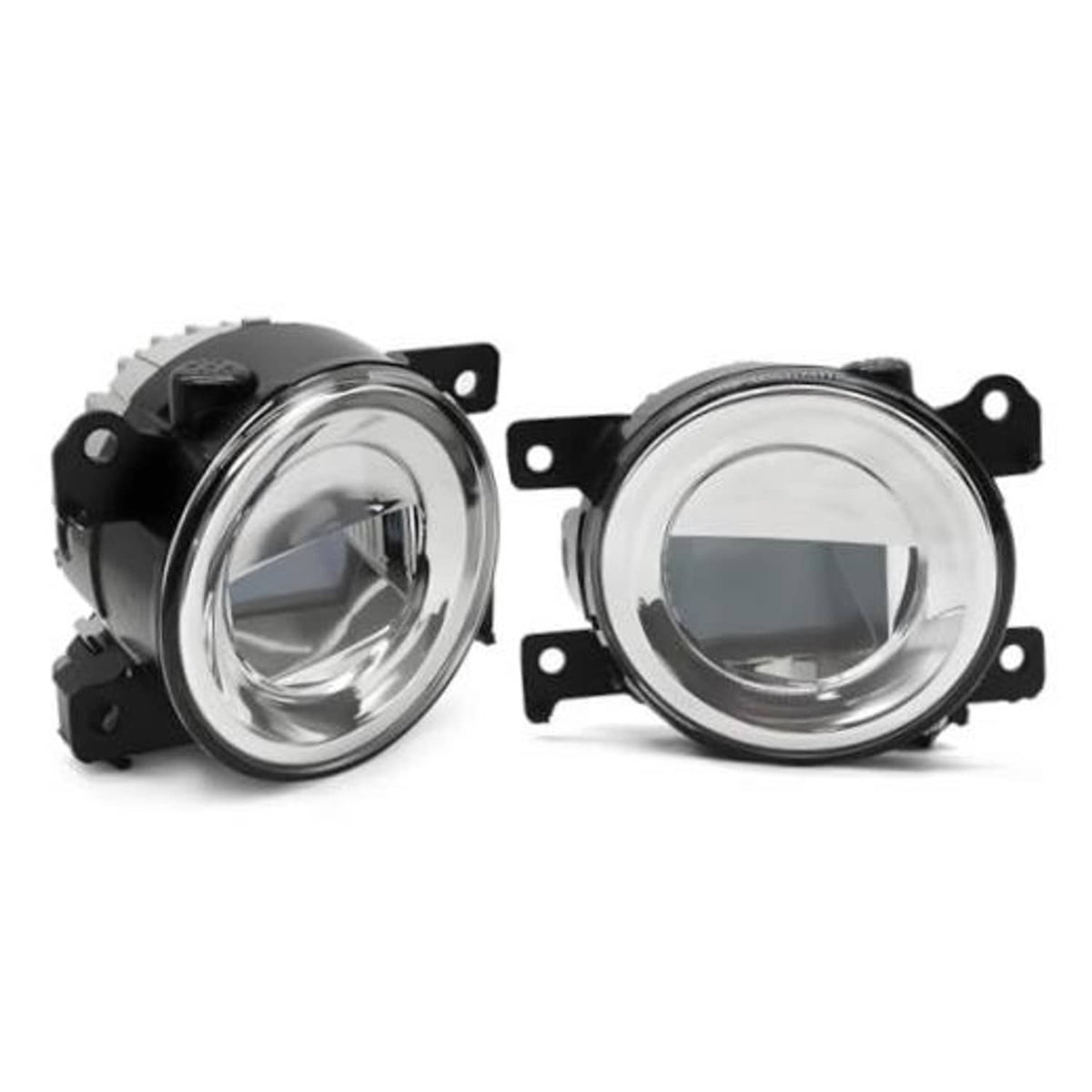 Pair of round chrome fog lights with black mounting brackets and bezels