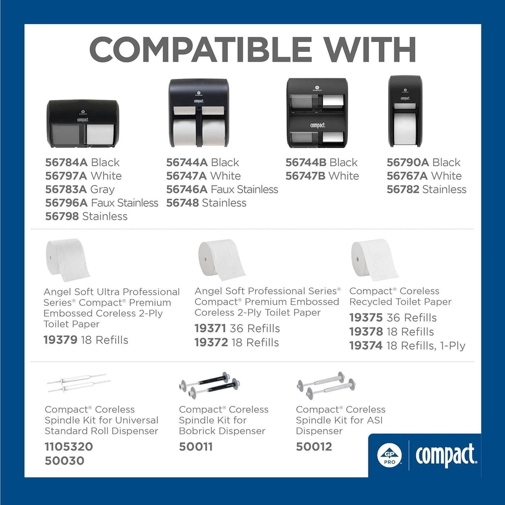 Compatible refill options for white coreless 2-ply embossed toilet paper, shown with small rolls.
