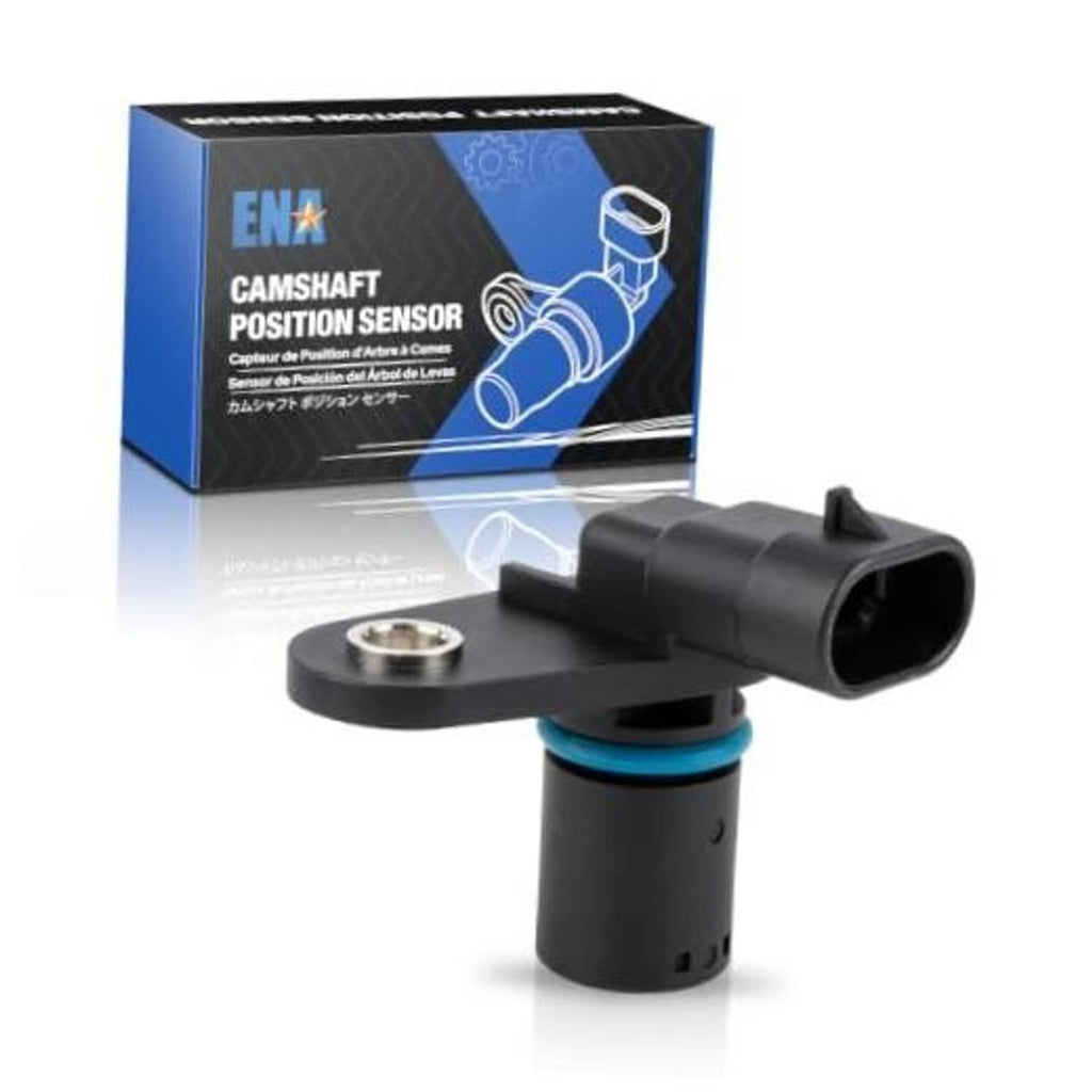 Camshaft position sensor with black body and blue O-ring, 3-pin connector and mount plate