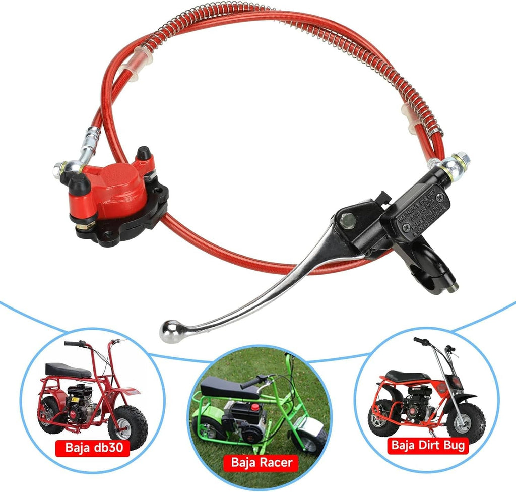 Hydraulic mini bike disc brake set with red hose, red caliper, and black brake lever