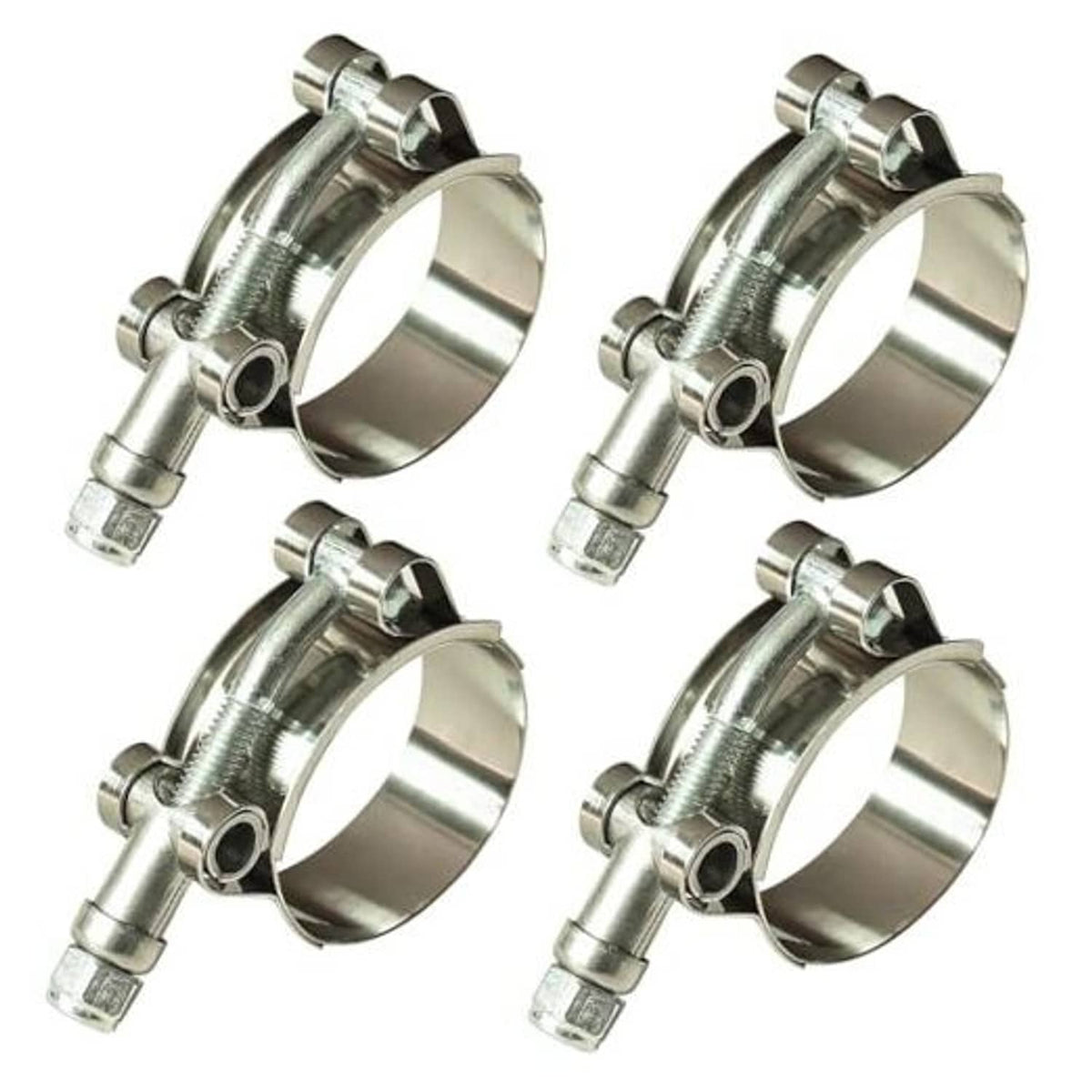Stainless steel T-bolt hose clamps, four-pack with oval band and bolt assembly