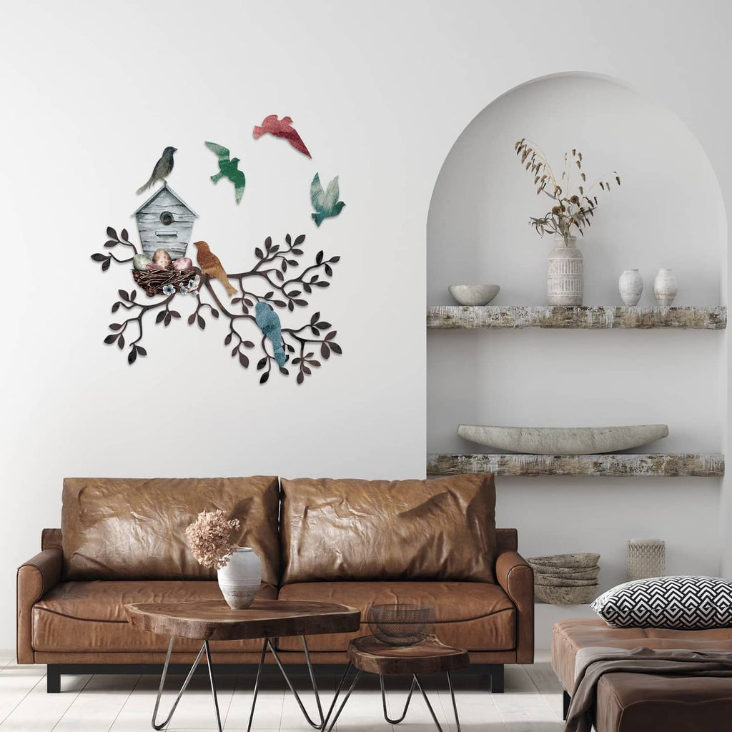 Multicolor metal bird wall art with birdhouse, leaf branches, and flying birds