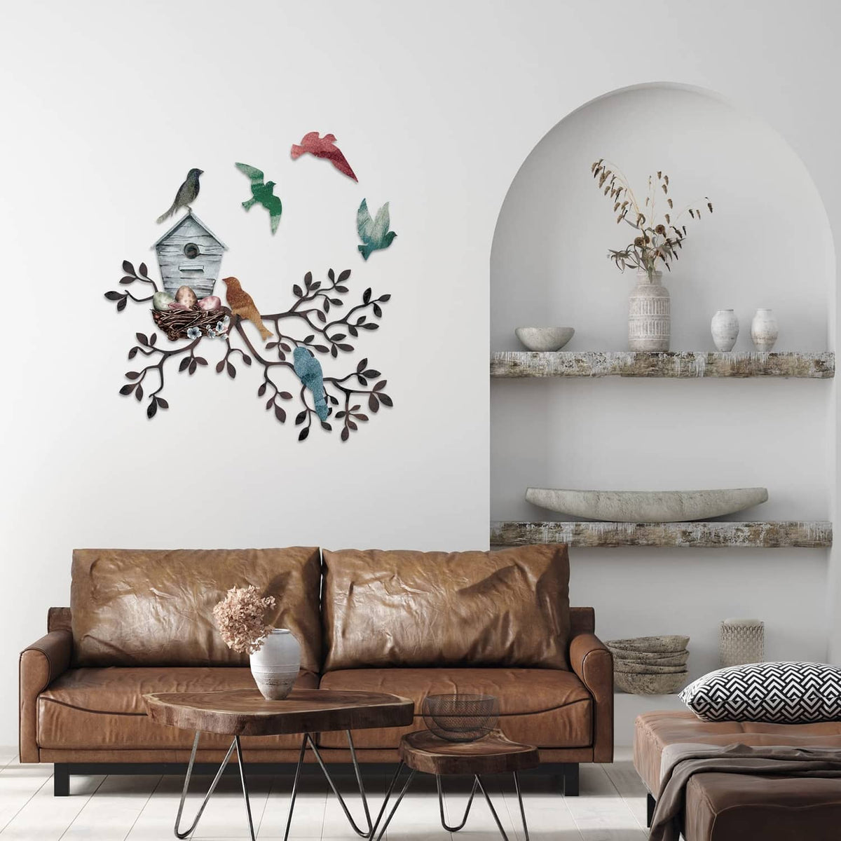 Multicolor metal bird wall art with birdhouse, leaf branches, and flying birds