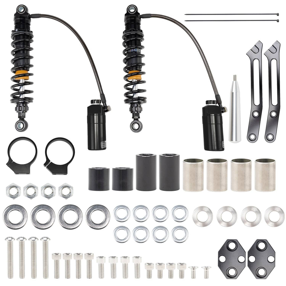 Remote reservoir suspension shocks kit with two shocks, brackets, bushings, and bolts