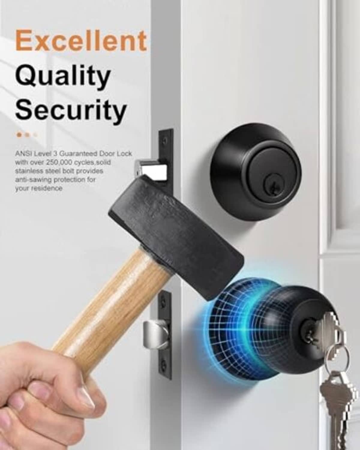 Black keyed door lock with keyway and cylinder, keys shown