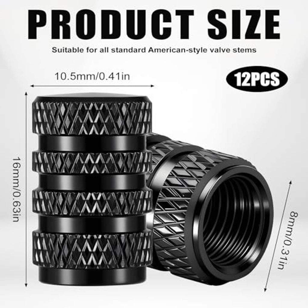 Black knurled tire valve stem caps with size dimensions for 12-pack