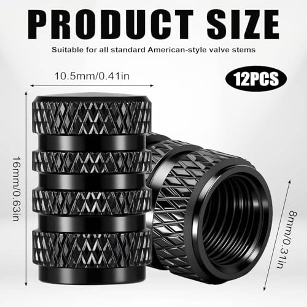 Black knurled tire valve stem caps with size dimensions for 12-pack