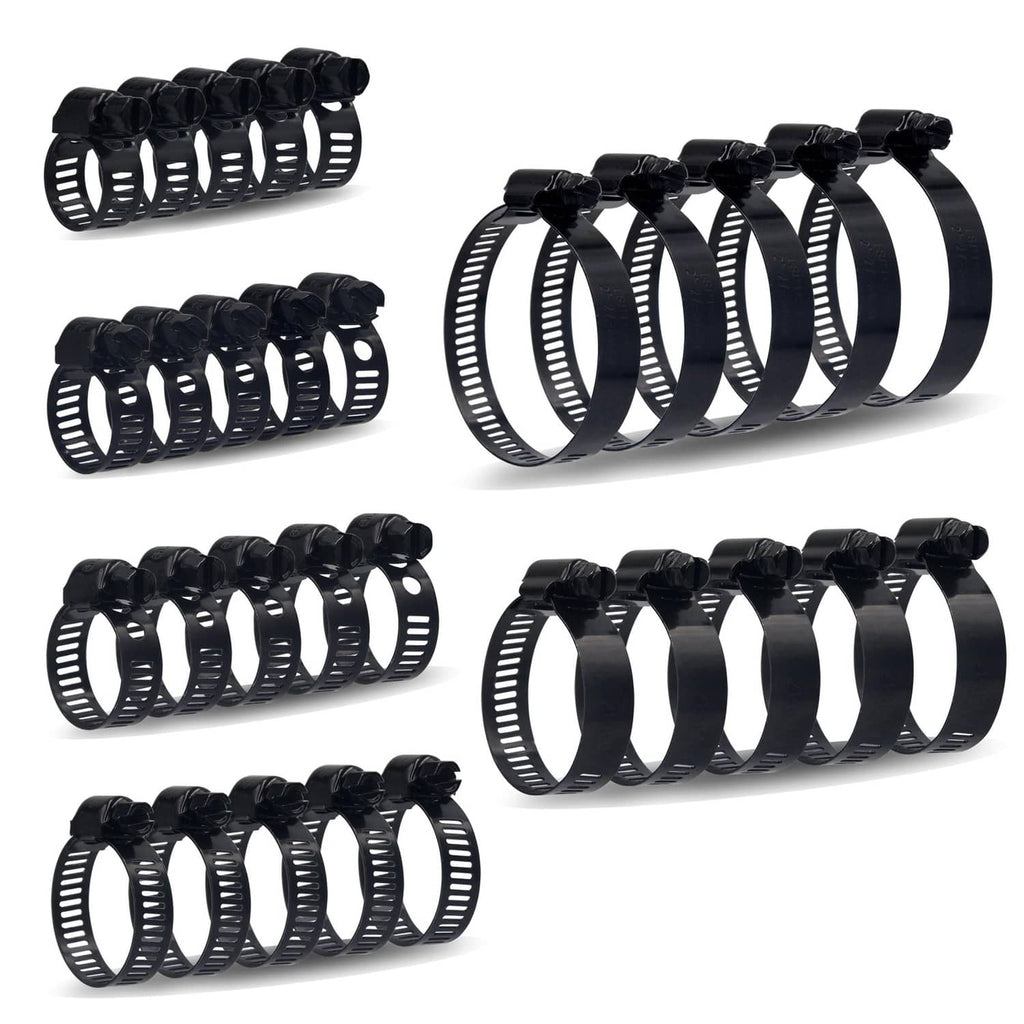 Set of black worm gear hose clamps with perforated bands and screw housings