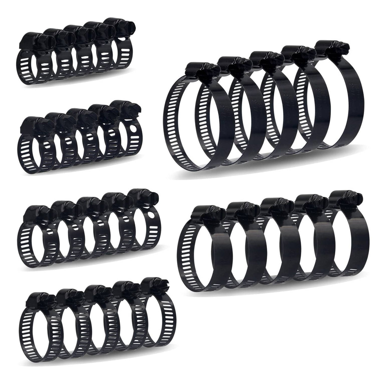 Set of black worm gear hose clamps with perforated bands and screw housings