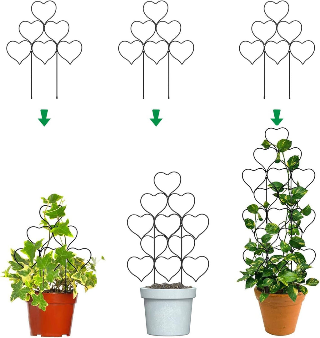 3-pack metal plant trellis stakes with heart-shaped loops, for climbing plants