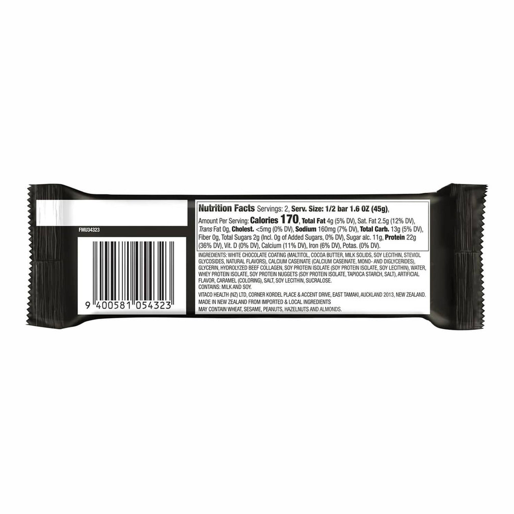 Back of white chocolate and lemon cheesecake protein bar wrapper with barcode and nutrition