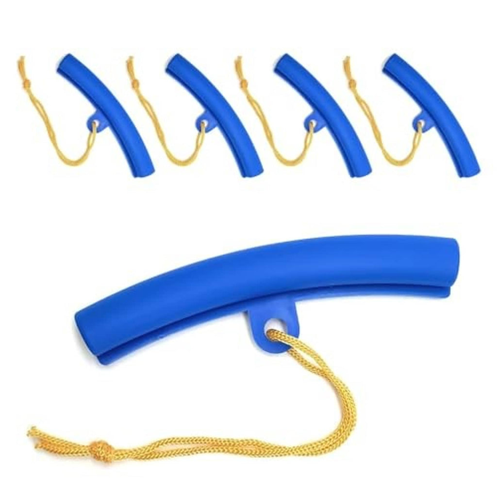 Blue curved tire rim protector sleeve with gold cord, plus four matching sleeves