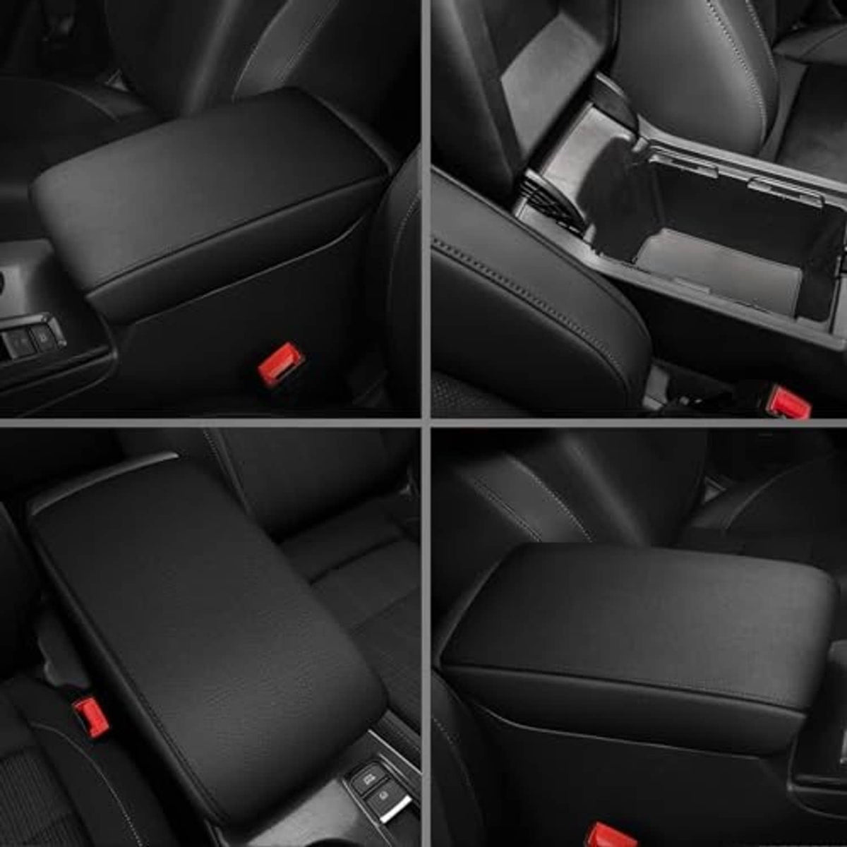 Black padded armrest on car seat area, with seam and release slot visible