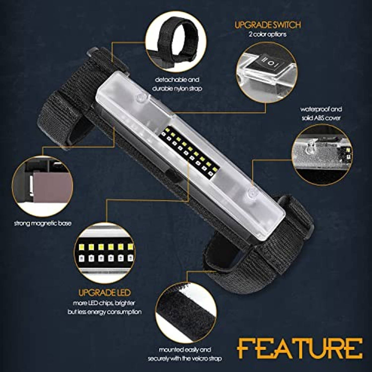 Universal UTV LED light bar with white housing and black nylon strap, detachable switch