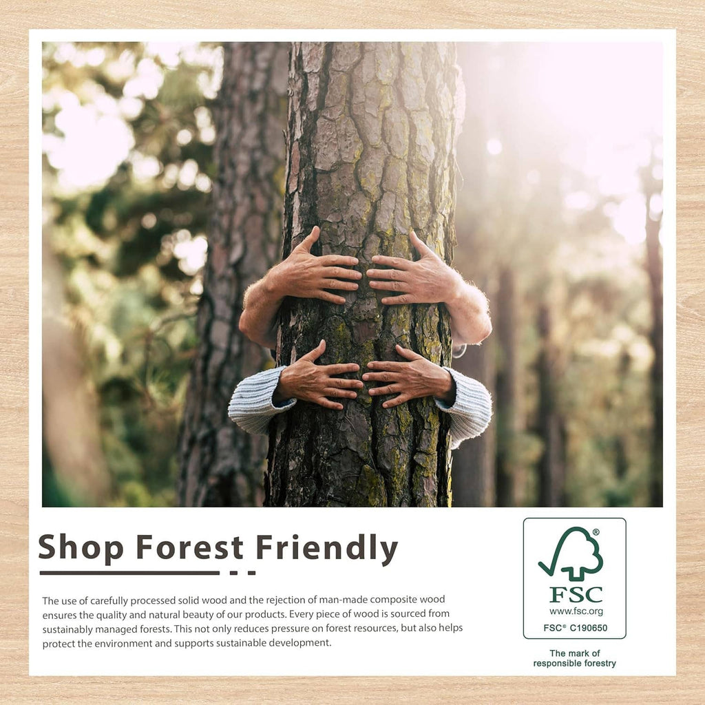 Rustic wooden mirror sustainability card with FSC logo and hands on tree image.