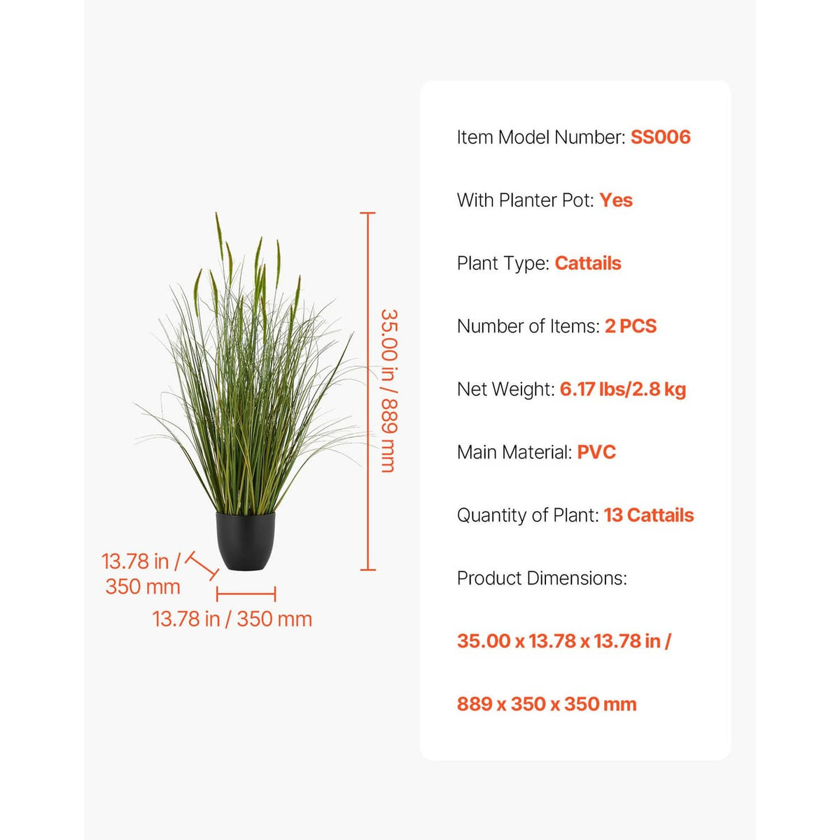 Artificial cattail grass plants in black pots, green cat-tail style spikes, set of 2