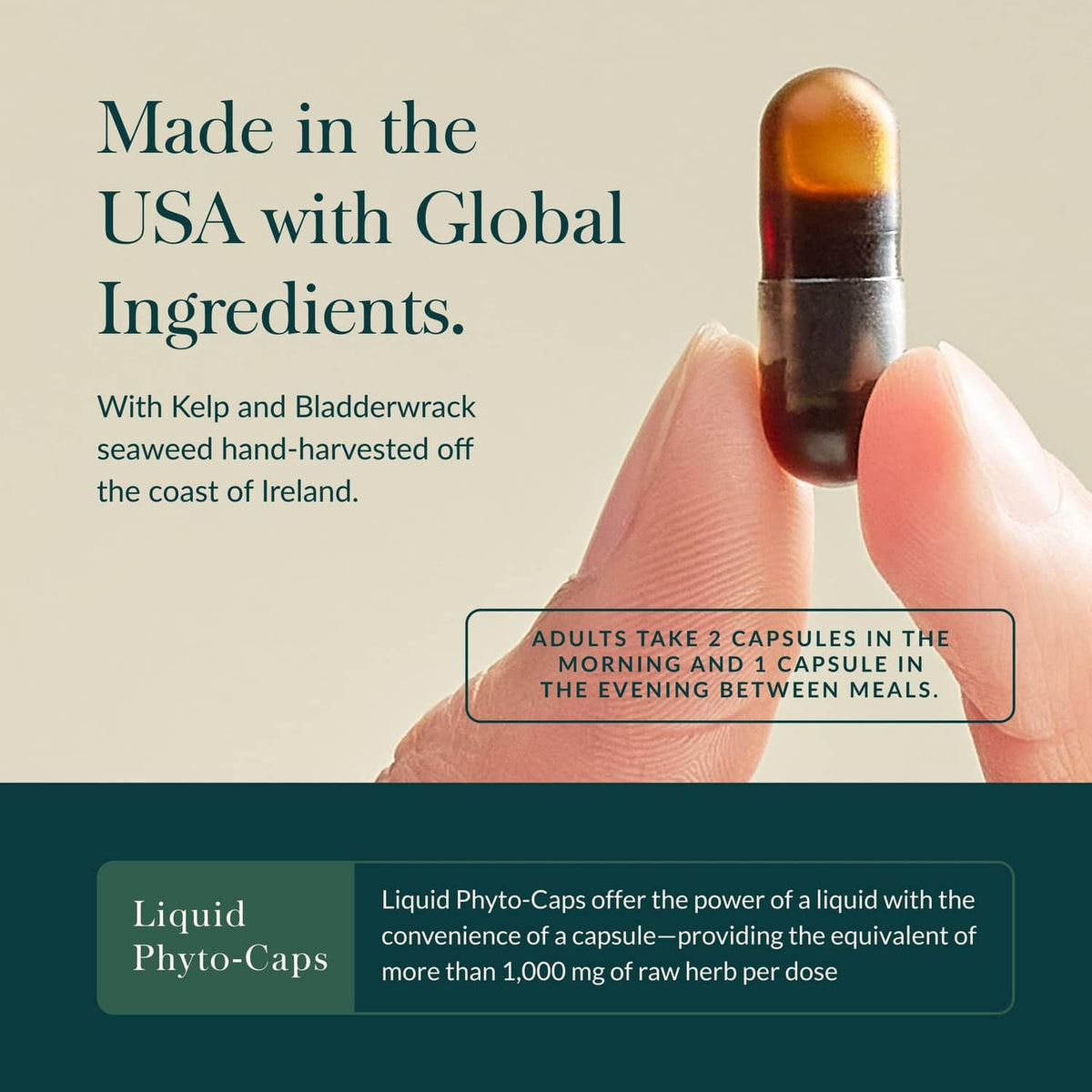 Capsule held between fingers with usage instructions for adults