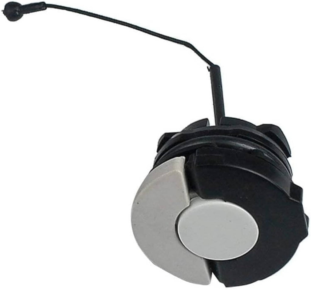 Chainsaw fuel cap with white circular button, black housing, and long pull cord
