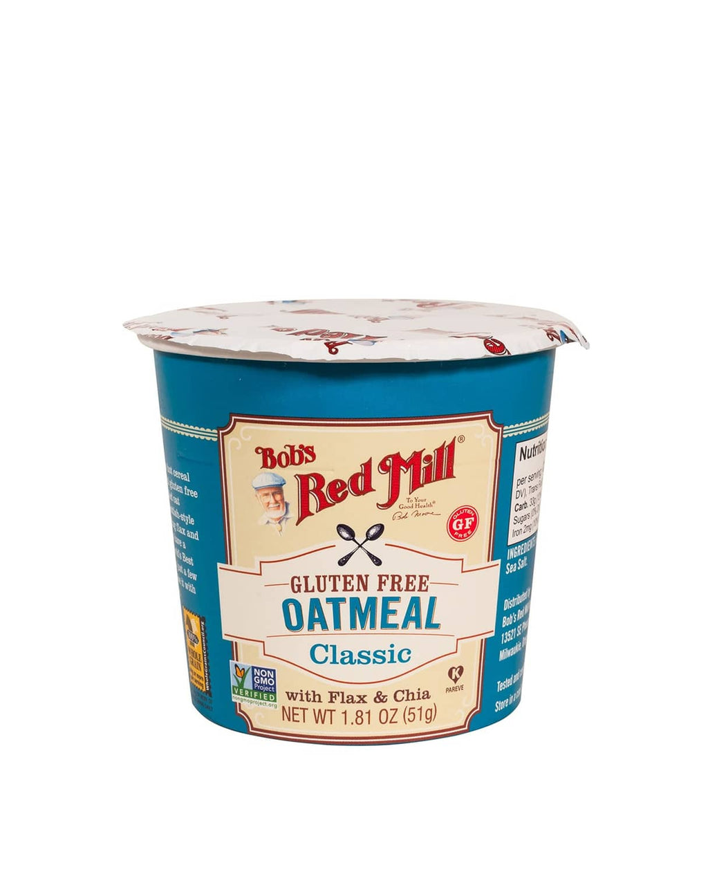Bob's Red Mill gluten-free oatmeal cup, Classic; blue label with flax & chia, 1.81 oz
