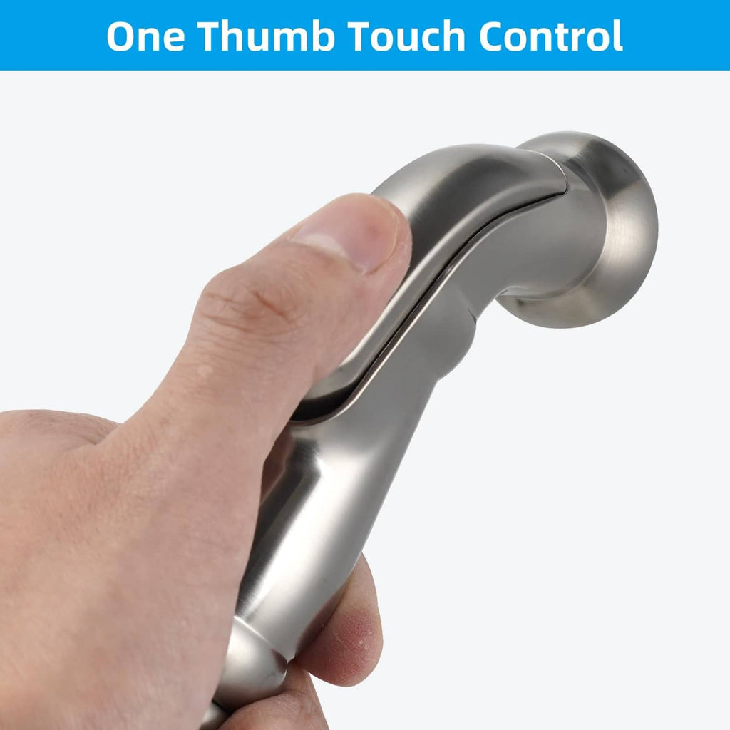 Brushed nickel sink sprayer attachment with one-thumb touch control