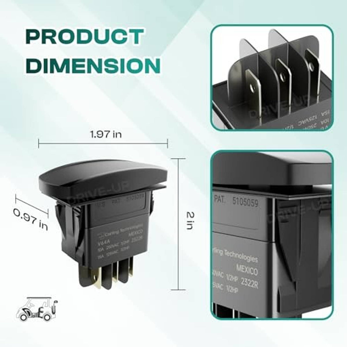 Black switch module with multi-pin connector shown with product dimension layout