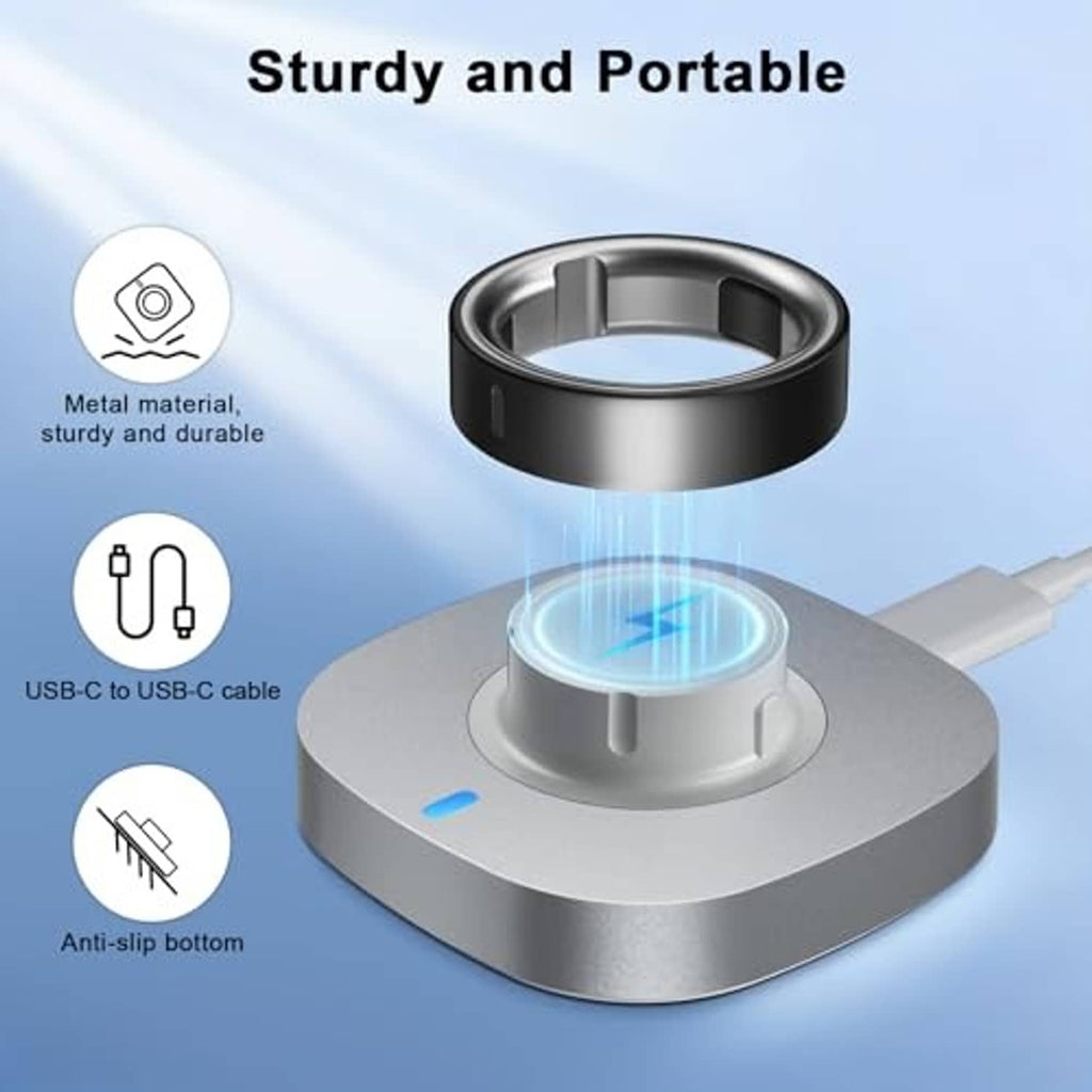Metal charging dock with illuminated ring cradle and USB-C to USB-C cable