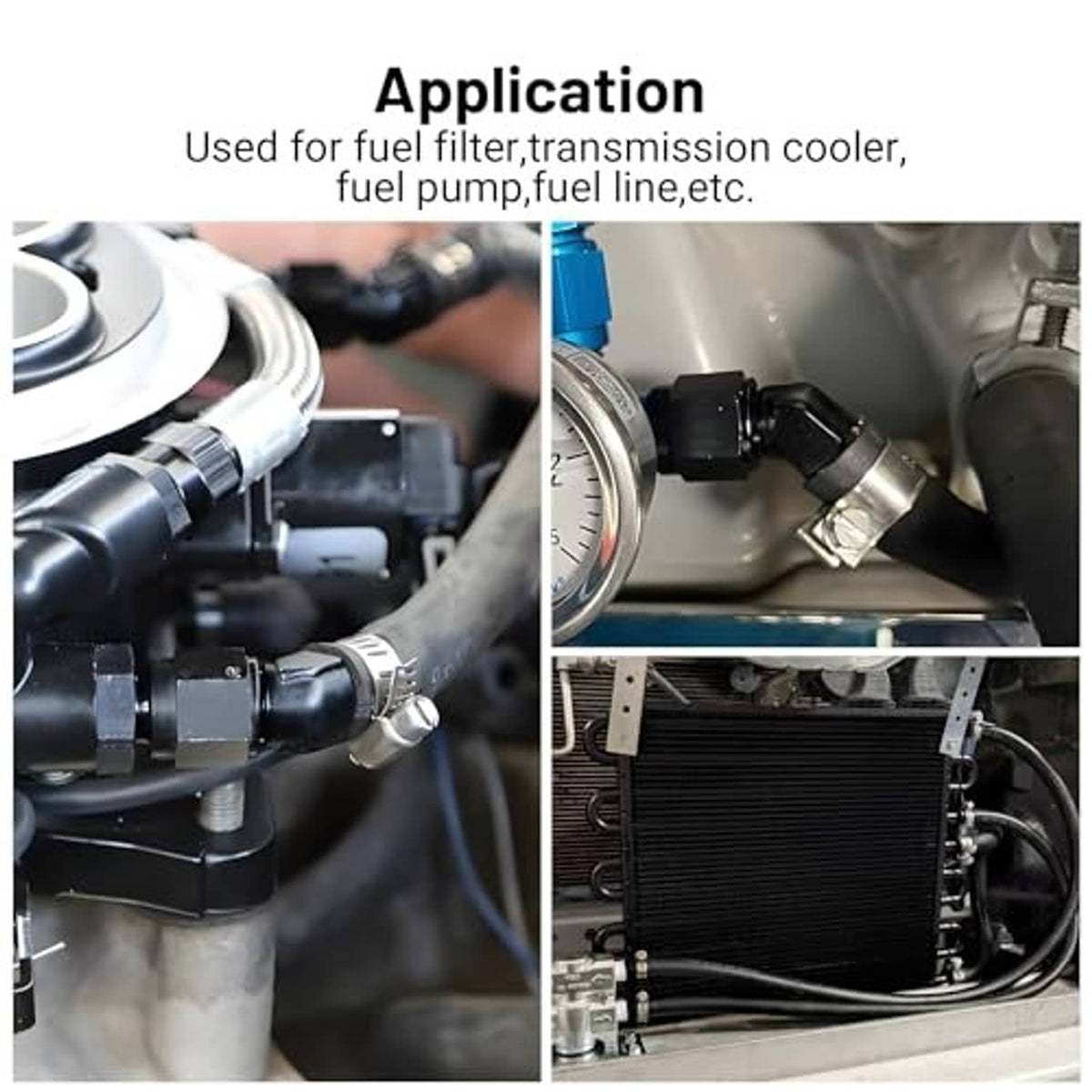6AN 45-degree barb fitting installed on engine bay fuel line with hoses