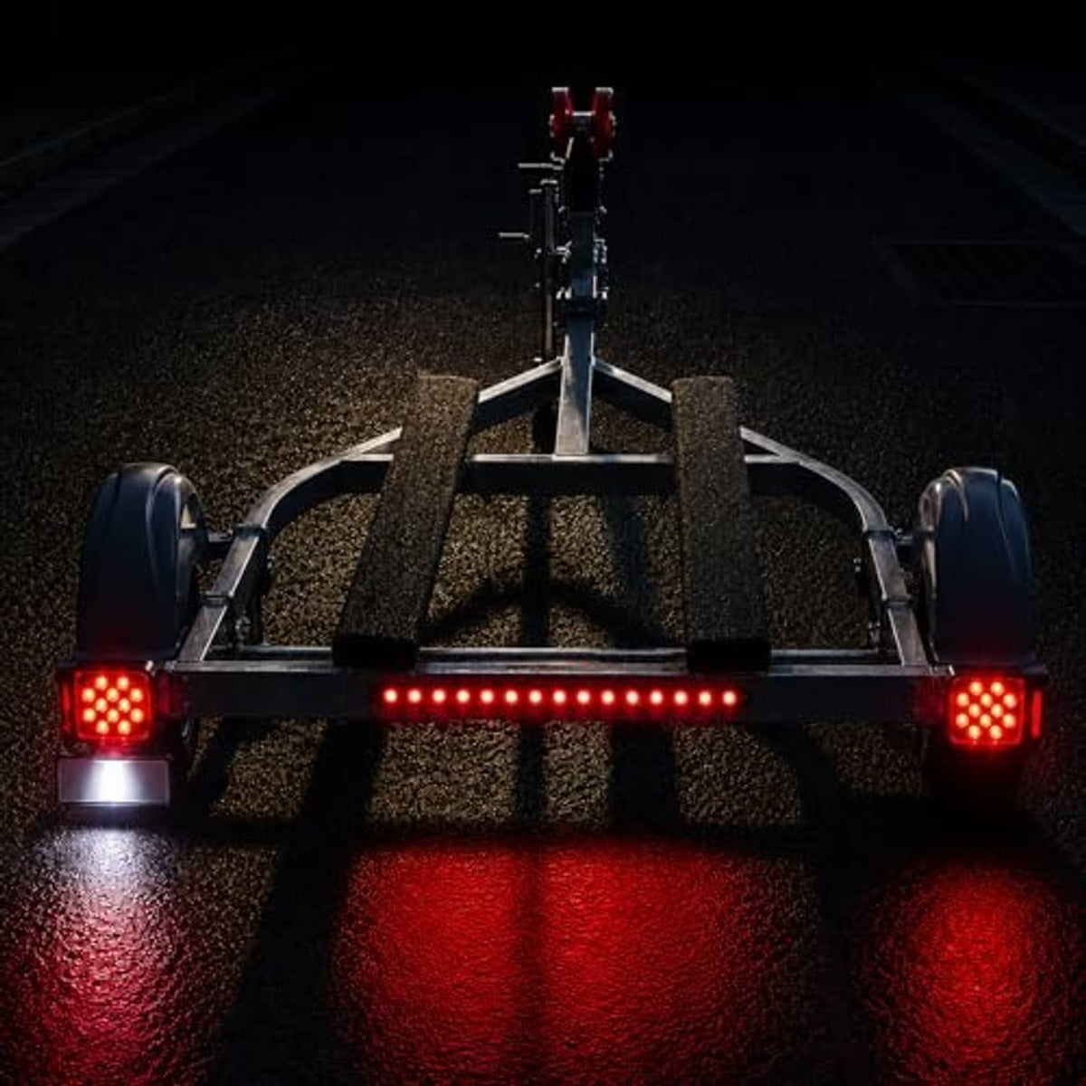 LED boat trailer lights kit with red rear lights and illuminated light bar on trailer
