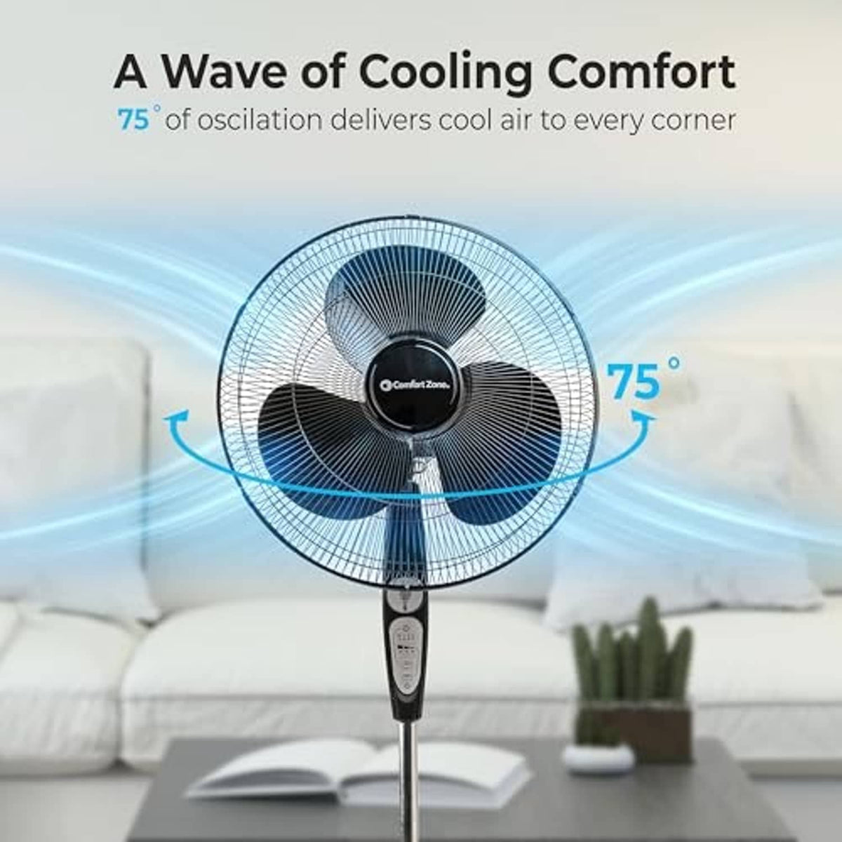 Pedestal fan with oscillation airflow graphic around the fan head
