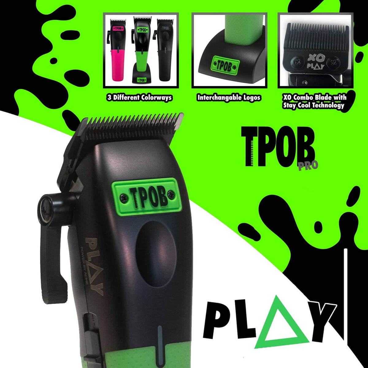 Men's hair clipper with black body and green lower grip, front view close-up