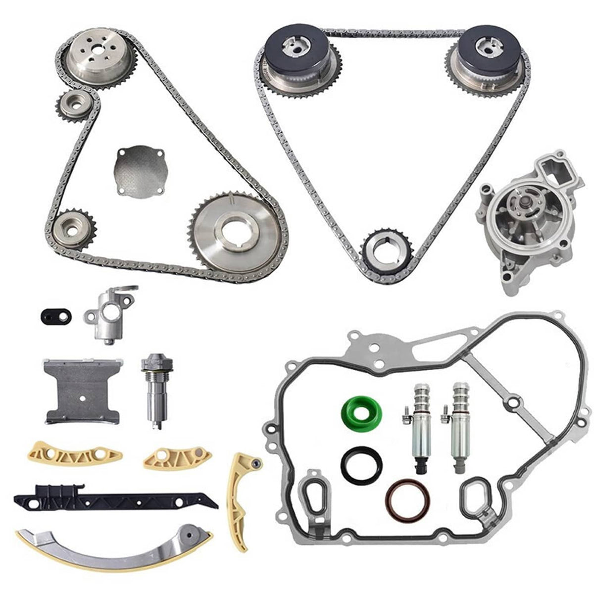 Timing chain kit with water pump components: chains, sprockets, pump, gaskets, seals