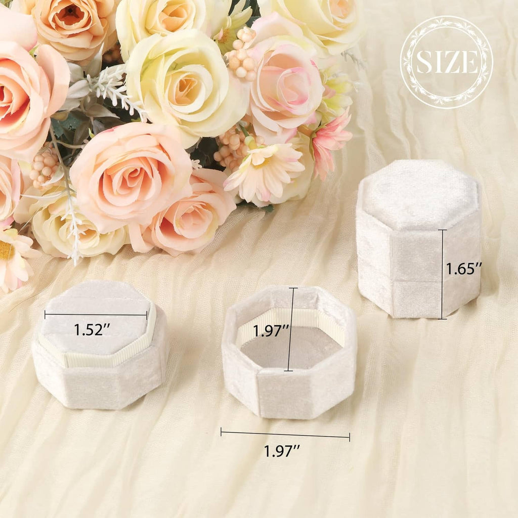 Beige octagon velvet ring box with three slots, shown with size measurements