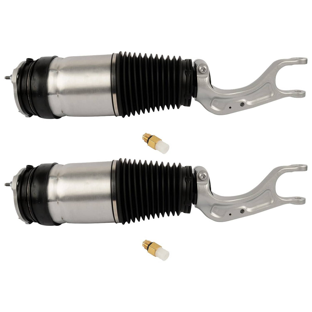 Pair of air strut shocks with black bellows, silver housings, and gold valve fittings