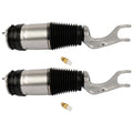 Pair of air strut shocks with black bellows, silver housings, and gold valve fittings
