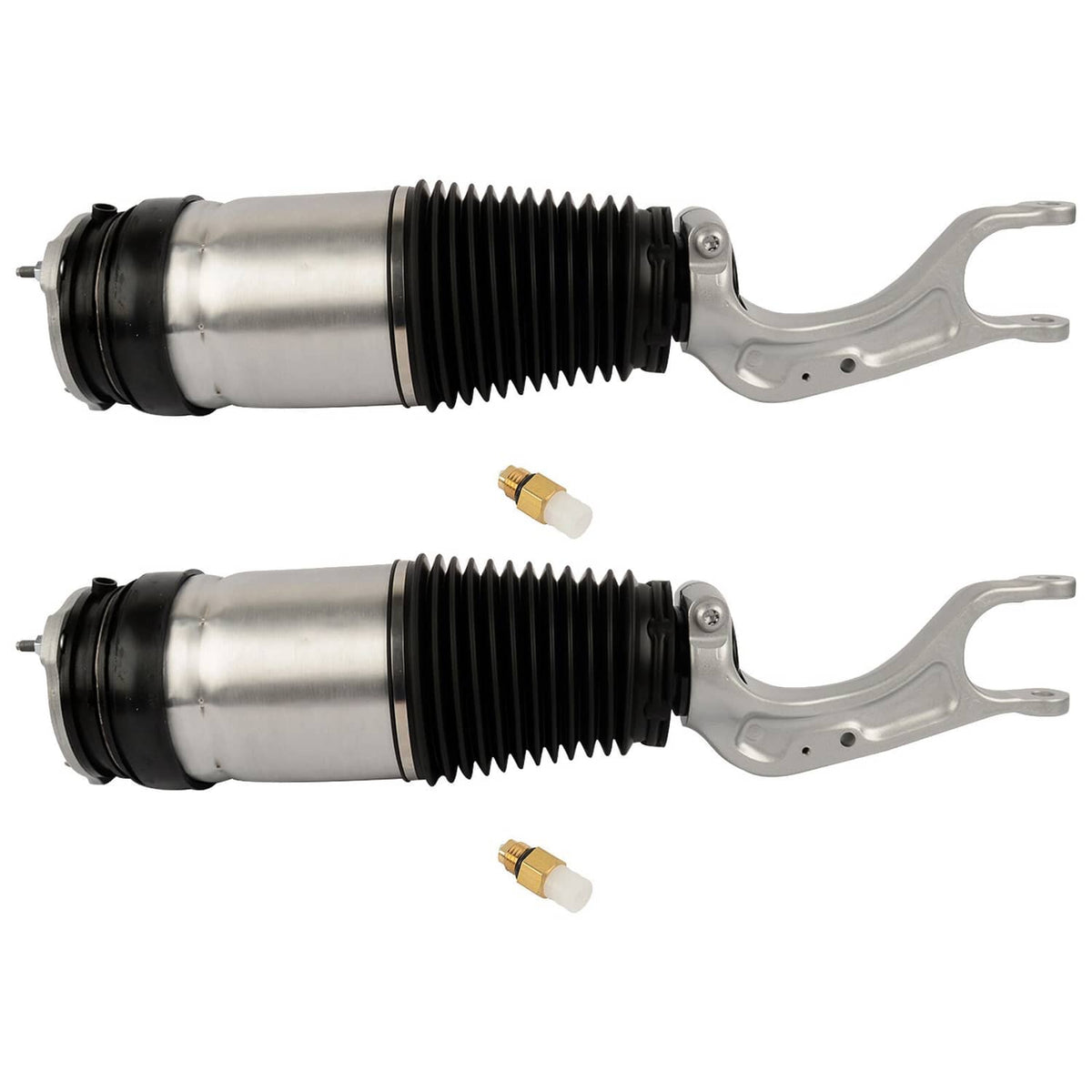 Pair of air strut shocks with black bellows, silver housings, and gold valve fittings