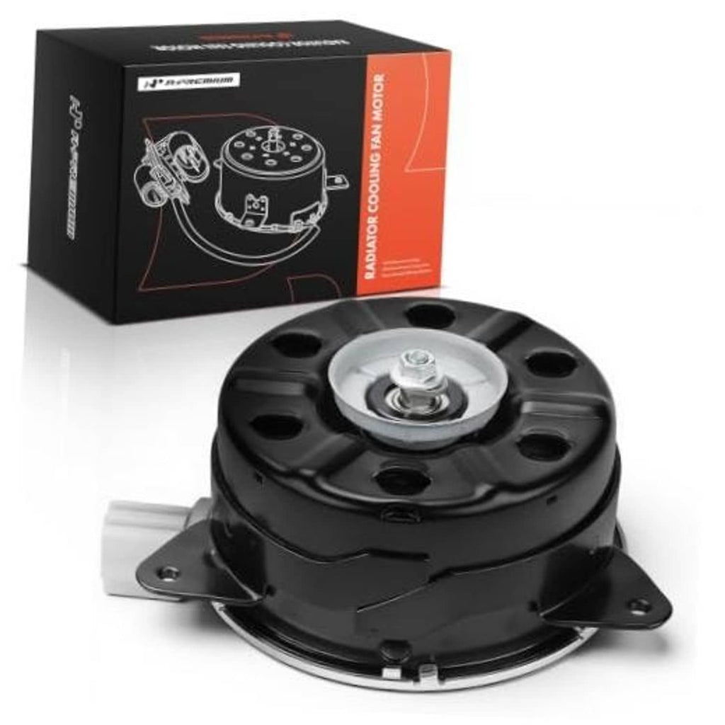 Left radiator cooling fan motor with black housing and silver mounting shaft