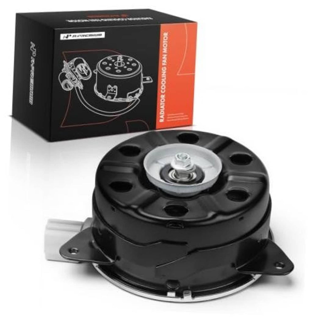Left radiator cooling fan motor with black housing and silver mounting shaft