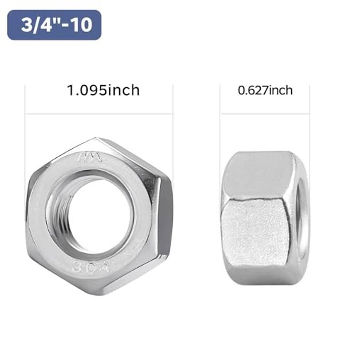 Stainless steel hex nuts, front and side views, threaded hole visible