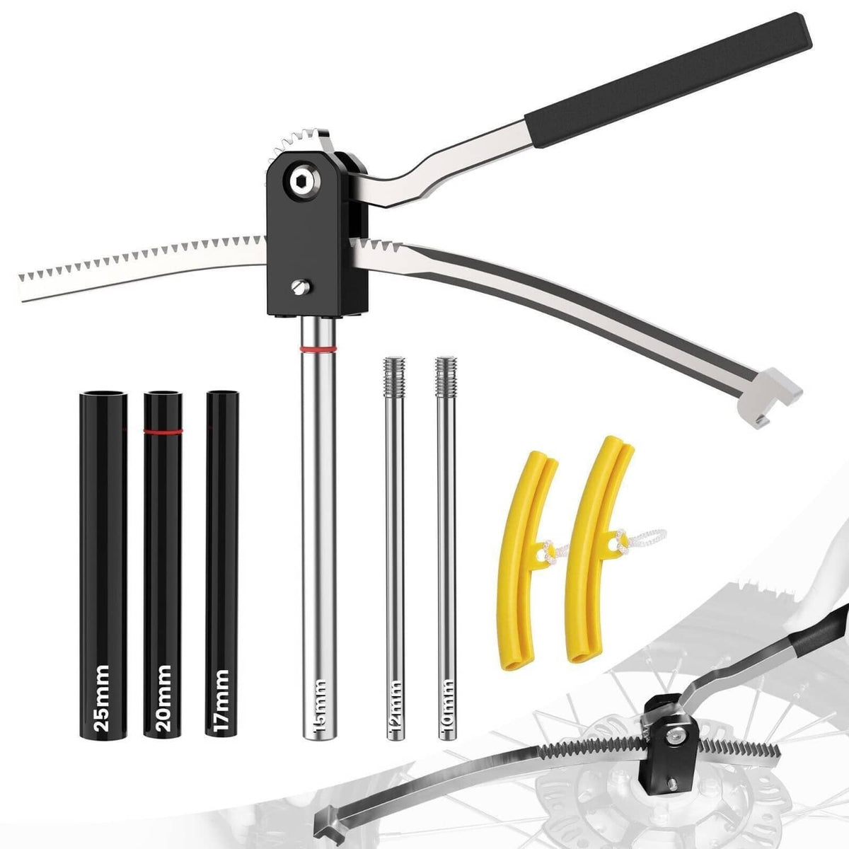 Tire changing tool kit with black hinged handle, curved push rods, and metal axle sleeves