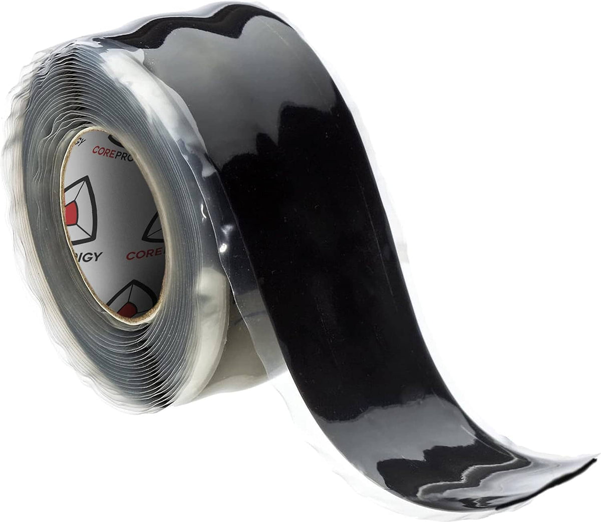 Silicone grip tape roll, unrolled black strip extending from the core