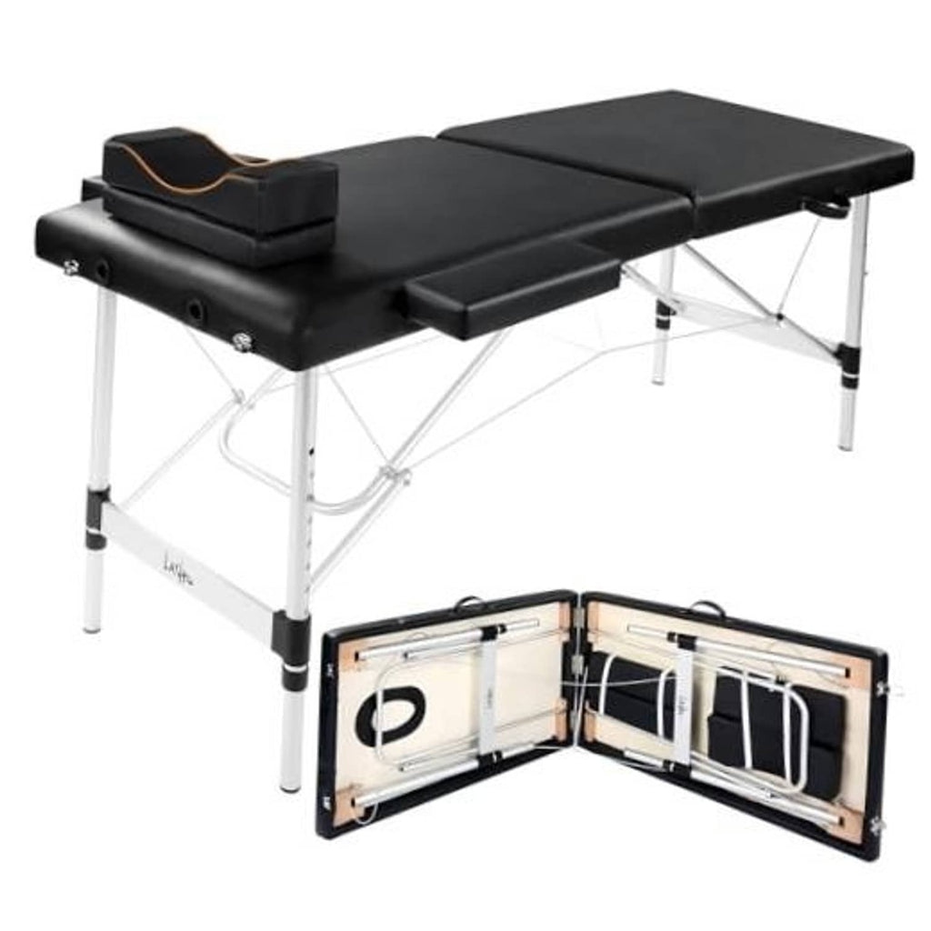 Black lash extension bed with padded sections, folding legs, and travel storage case
