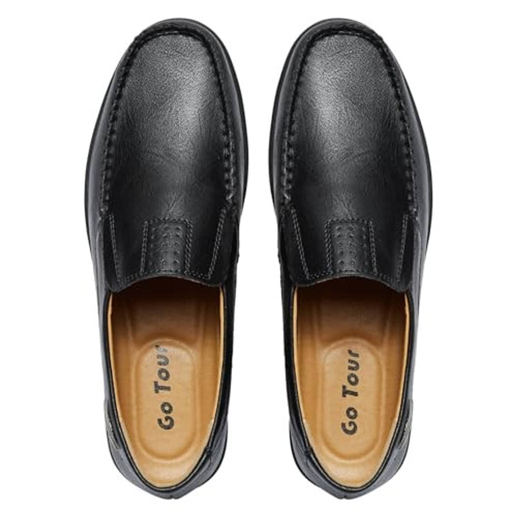 Pair of black slip-on loafers with tan Go Tour lining and stitched seams
