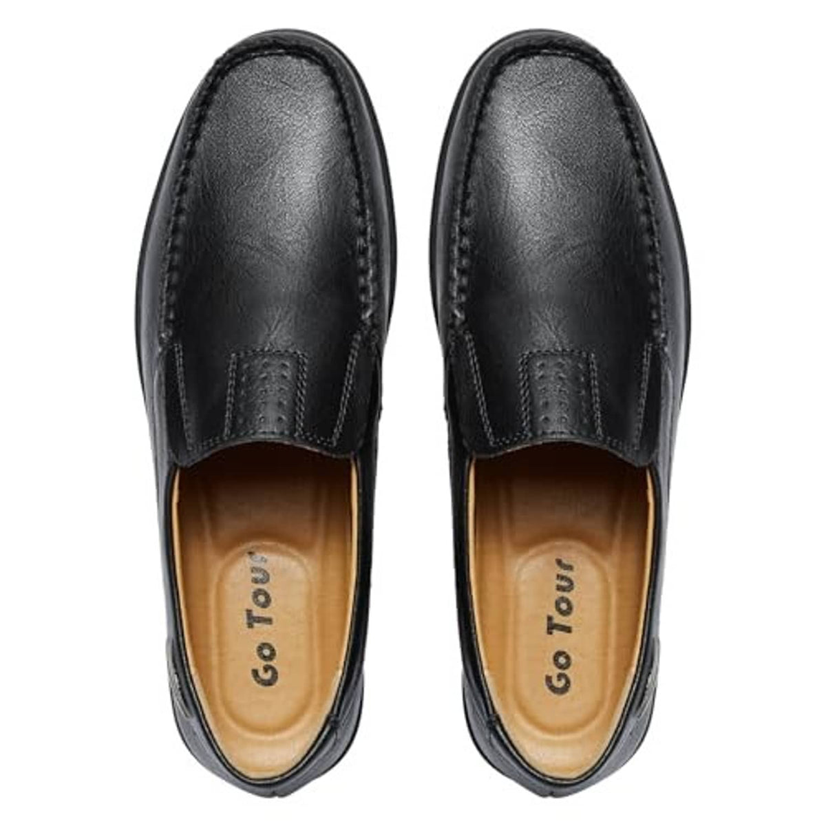 Pair of black slip-on loafers with tan Go Tour lining and stitched seams