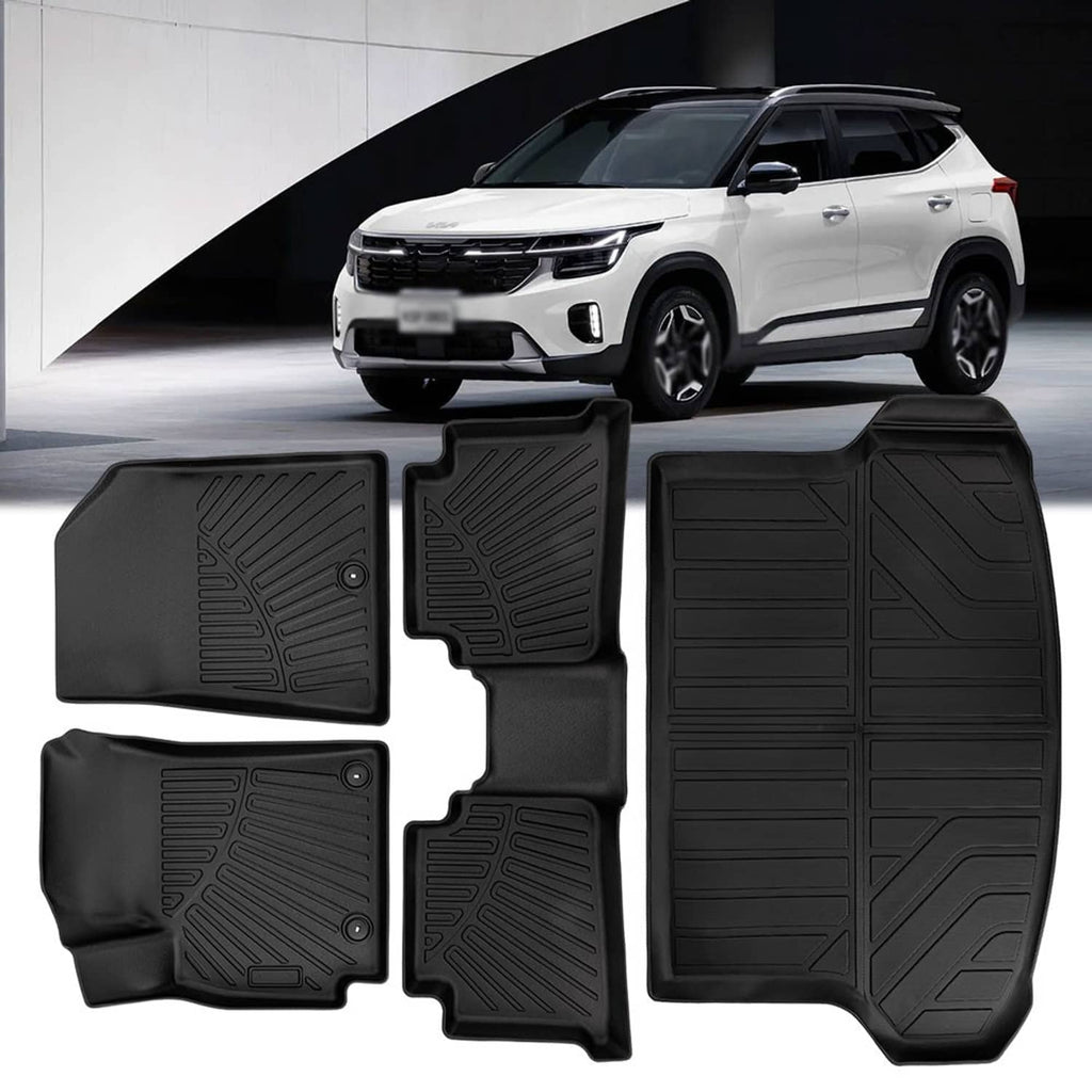 Black TPE cargo liner floor mats set installed in vehicle cargo area with raised channels