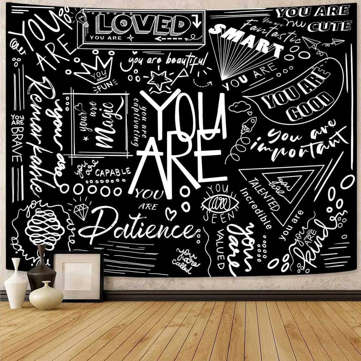 Black kids classroom motivational tapestry with white doodles, hearts, and 'You Are Art' text