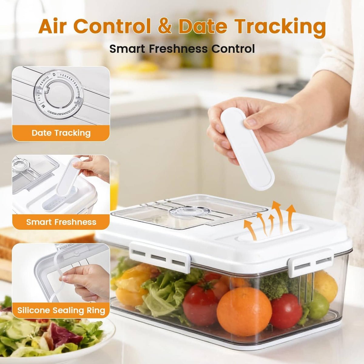 Bread storage container with air-control dial, clear sides, and magnetic closure