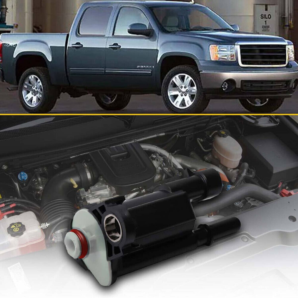 Canister purge solenoid valve installed under hood, visible black body and gray base